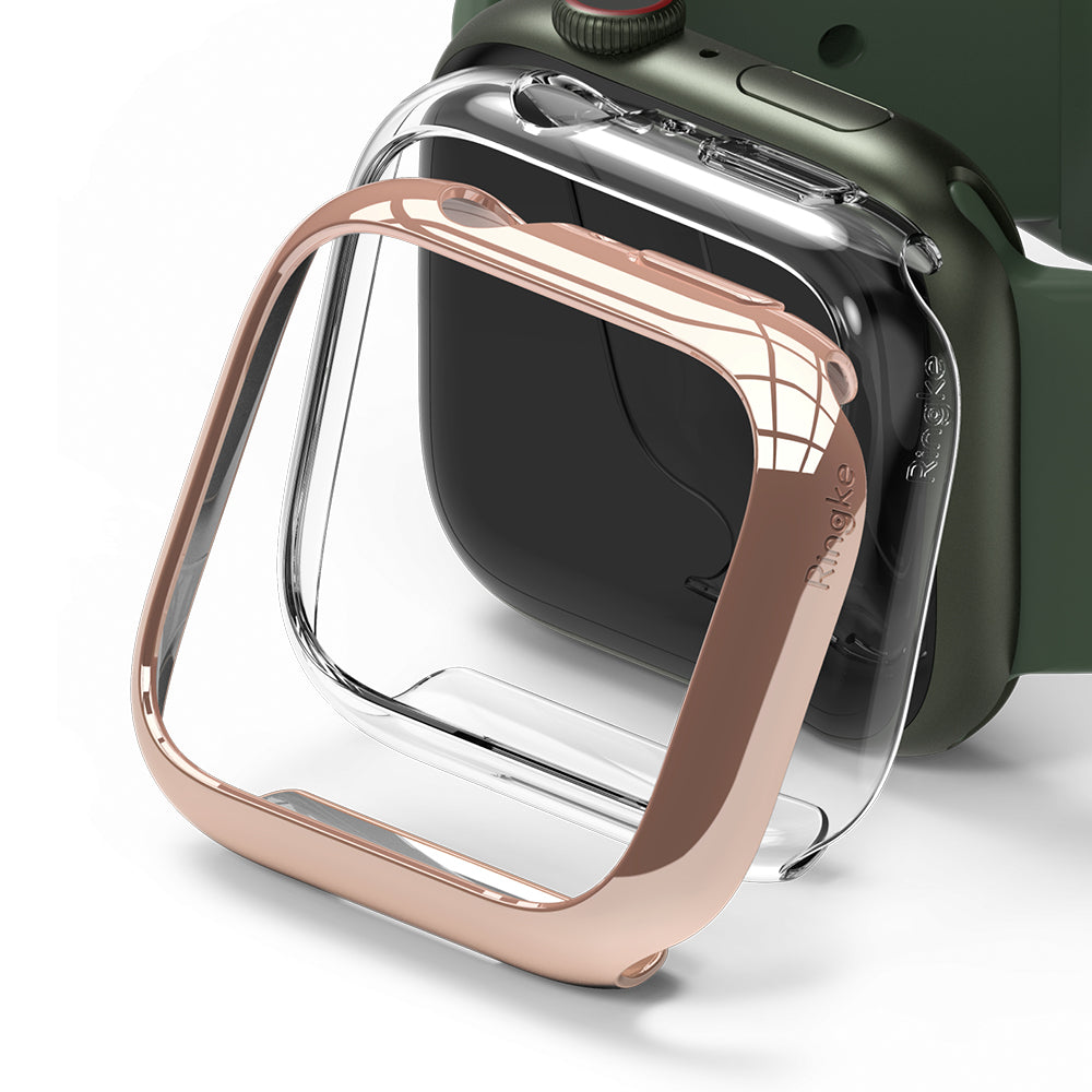 Apple Watch 9 / 8 / 7 (45mm) Case | Slim - Rose gold slim protective case hovering over a green Apple Watch.