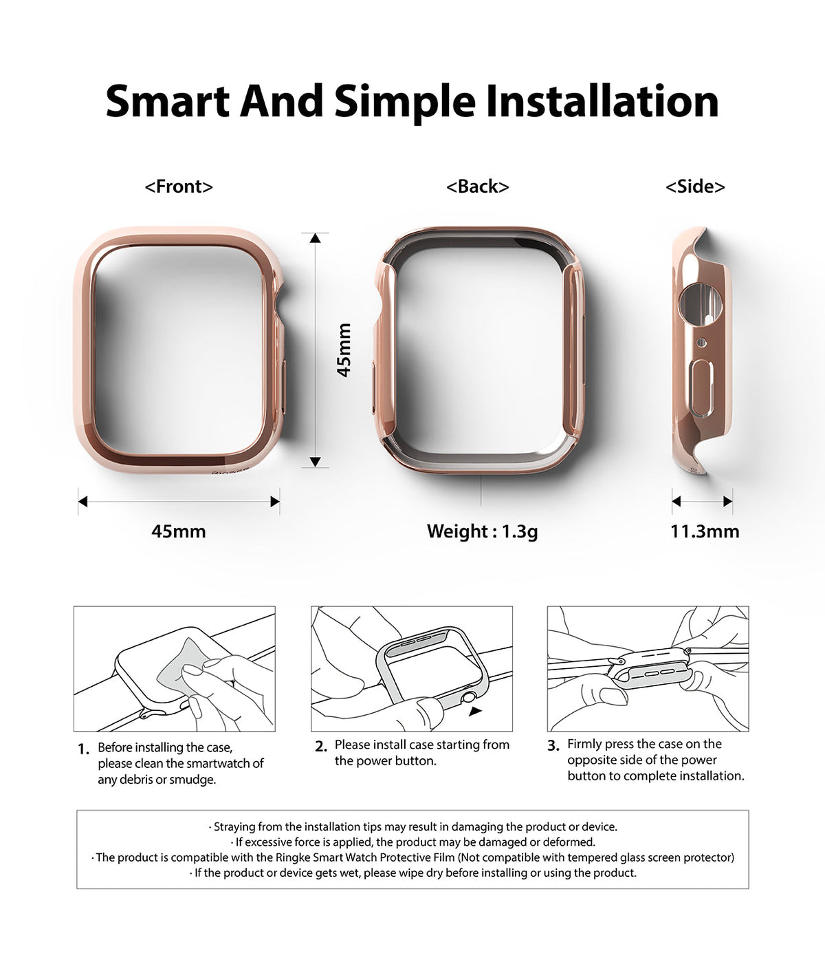 Apple Watch 9 / 8 / 7 (45mm) Case | Slim - Rose gold watch case dimensions and three-step installation guide.
