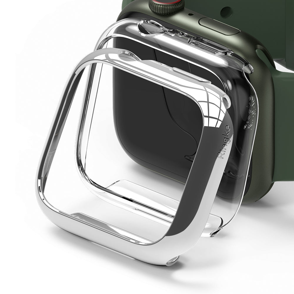 Apple Watch 9 / 8 / 7 (45mm) Case | Slim - Transparent protective case hovering in front of a green Apple Watch.