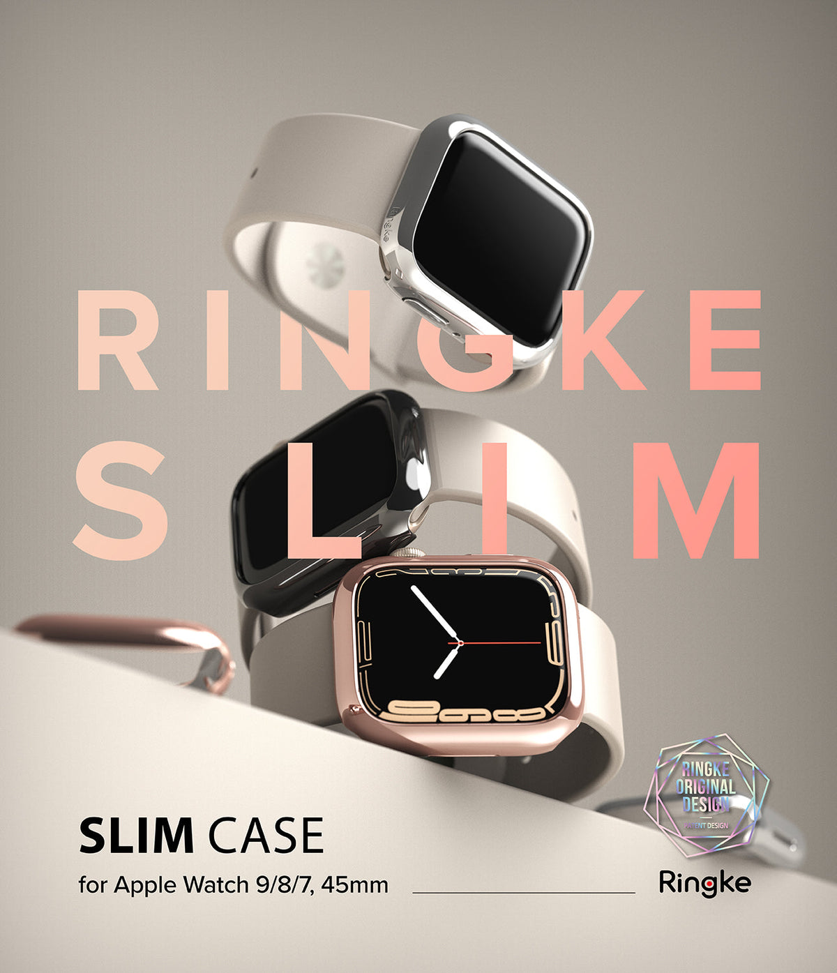 Apple Watch 9 / 8 / 7 (45mm) Case | Slim - Three Apple Watches with slim metallic cases stacked on a beige surface.