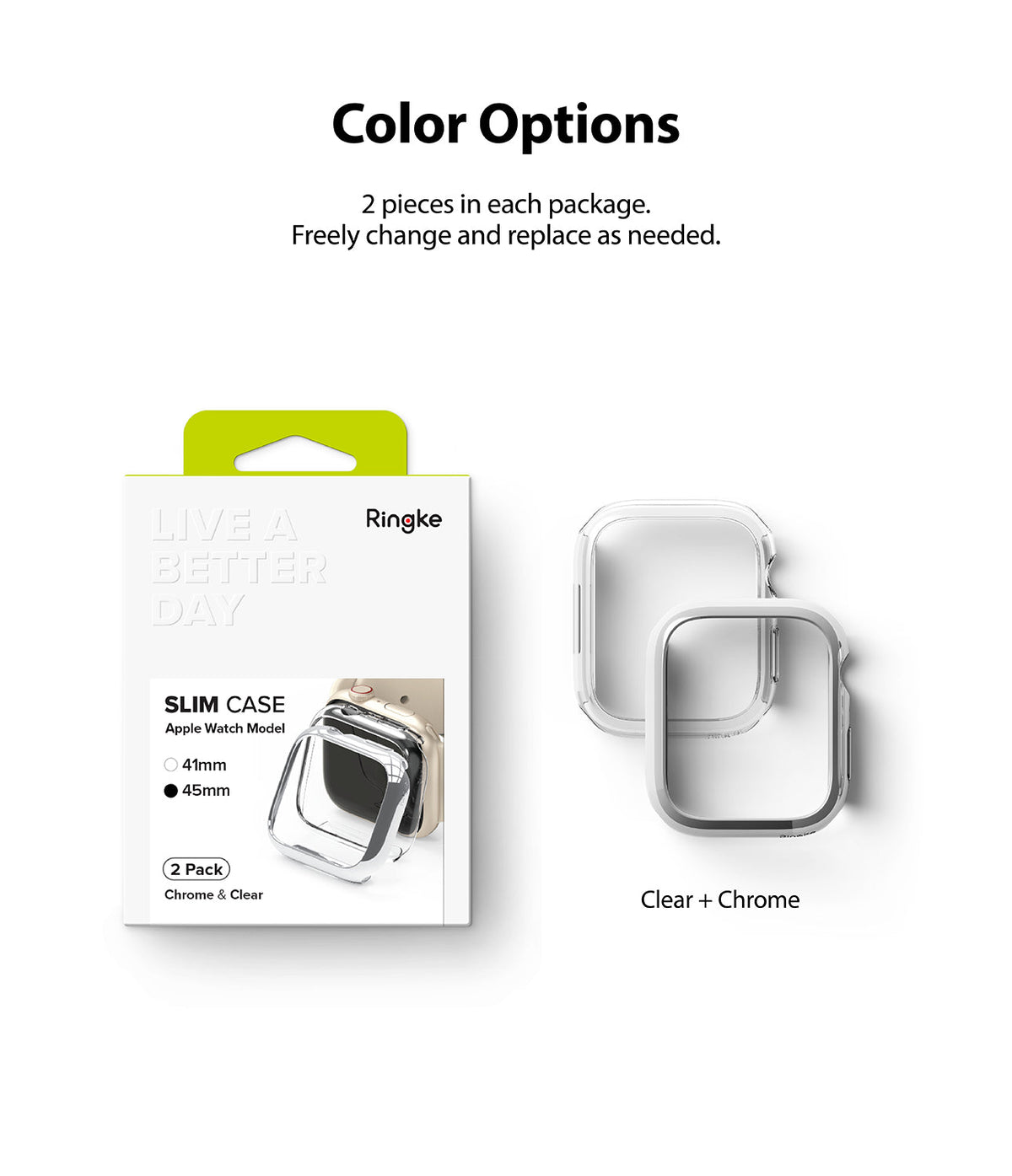 Apple Watch 9 / 8 / 7 (45mm) Case | Slim - Retail packaging and two protective watch cases in clear and chrome finishes.