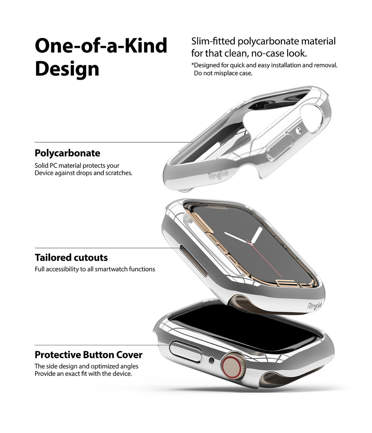 Apple Watch 9 / 8 / 7 (45mm) Case | Slim - Exploded view of a clear, slim polycarbonate Apple Watch case with labels.