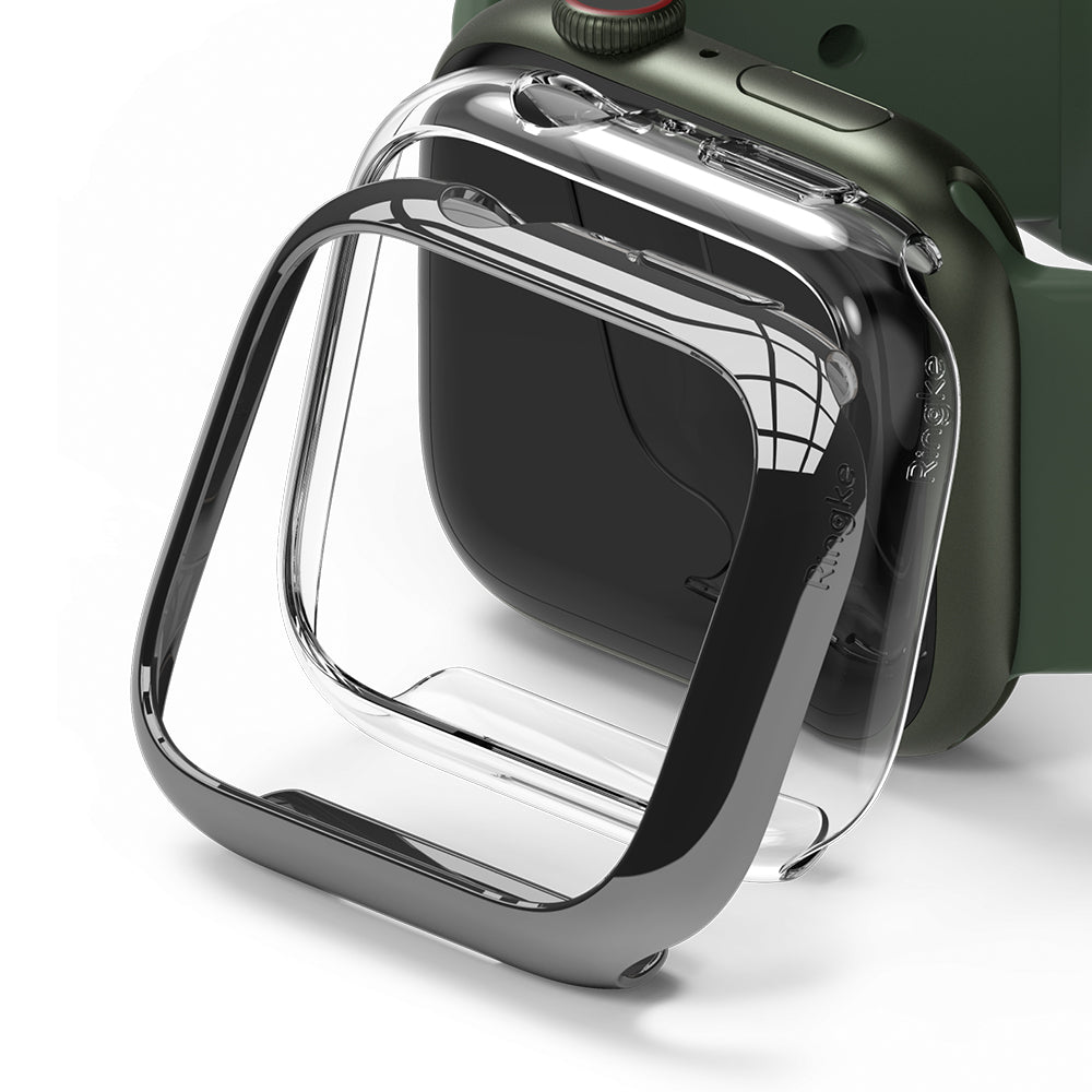 Apple Watch 9 / 8 / 7 (45mm) Case | Slim - Transparent protective case hovering over a green Apple Watch.