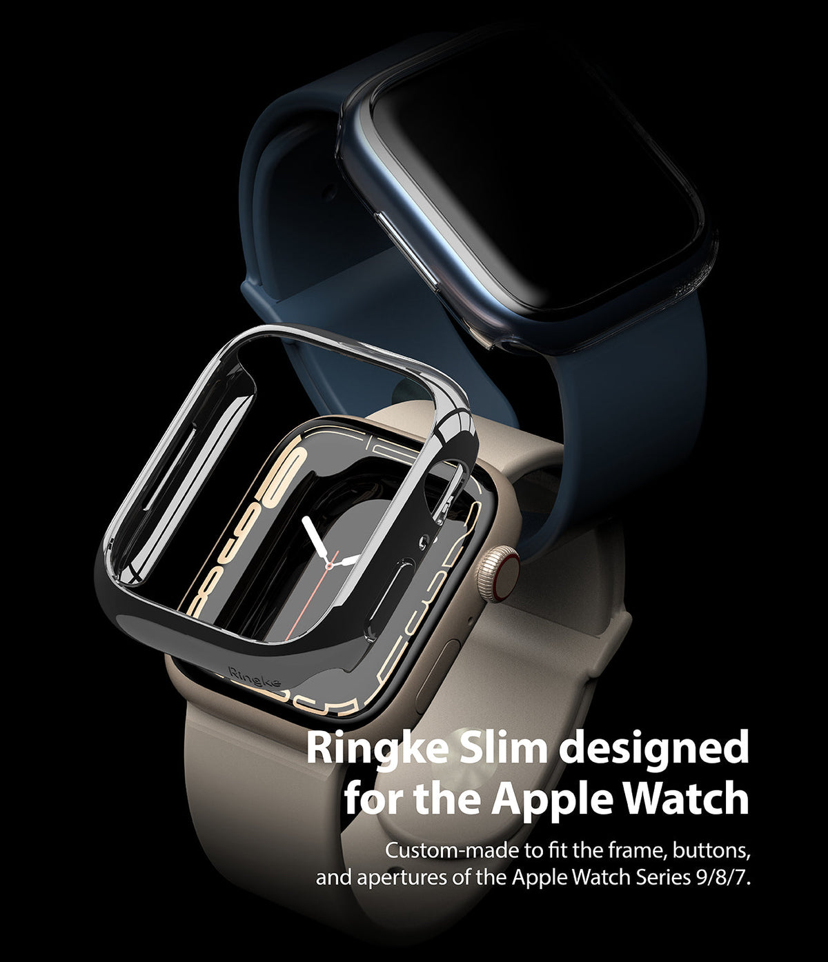 Apple Watch 9 / 8 / 7 (45mm) Case | Slim - A clear protective case hovering above a beige Apple Watch on a black background.