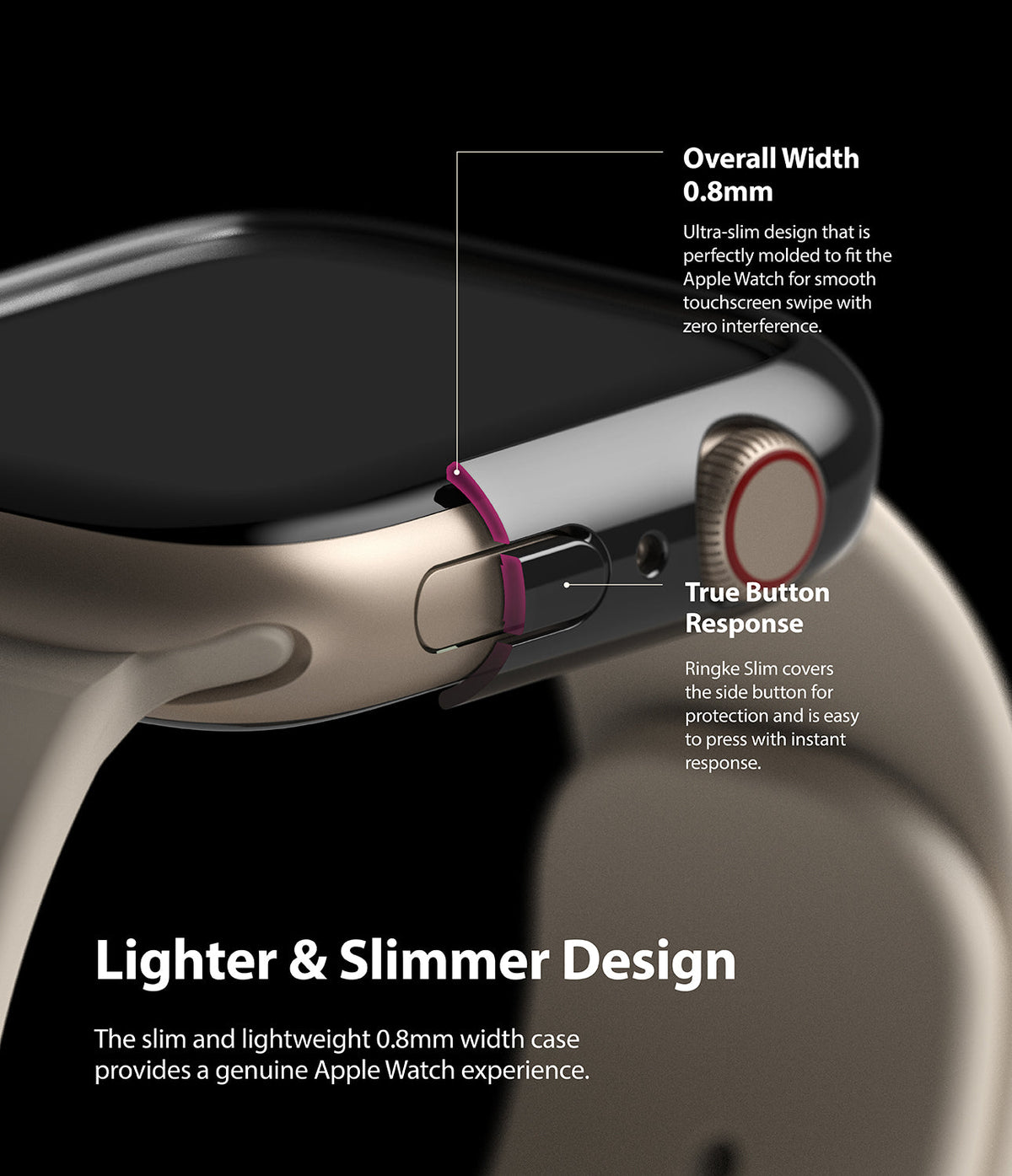 Apple Watch 9 / 8 / 7 (45mm) Case | Slim - Close-up of a 0.8mm slim watch case highlighting button response and thin profile.