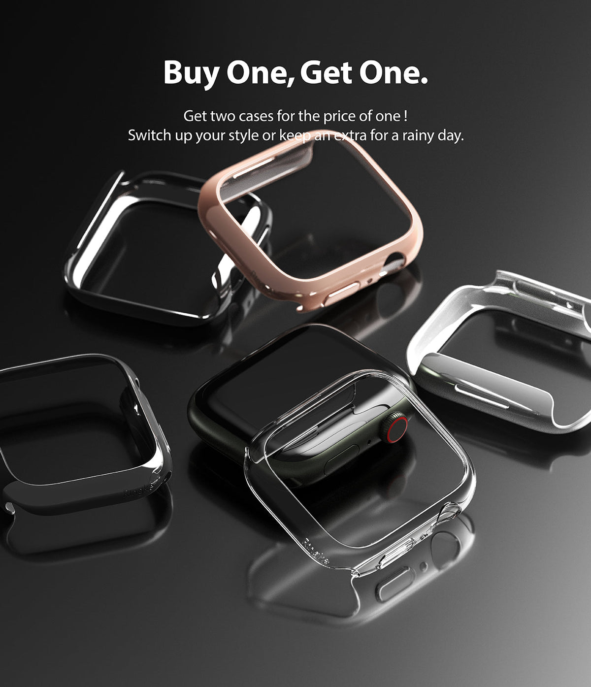 Apple Watch 9 / 8 / 7 (45mm) Case | Slim - Multiple slim protective cases for Apple Watch arranged on a dark surface.