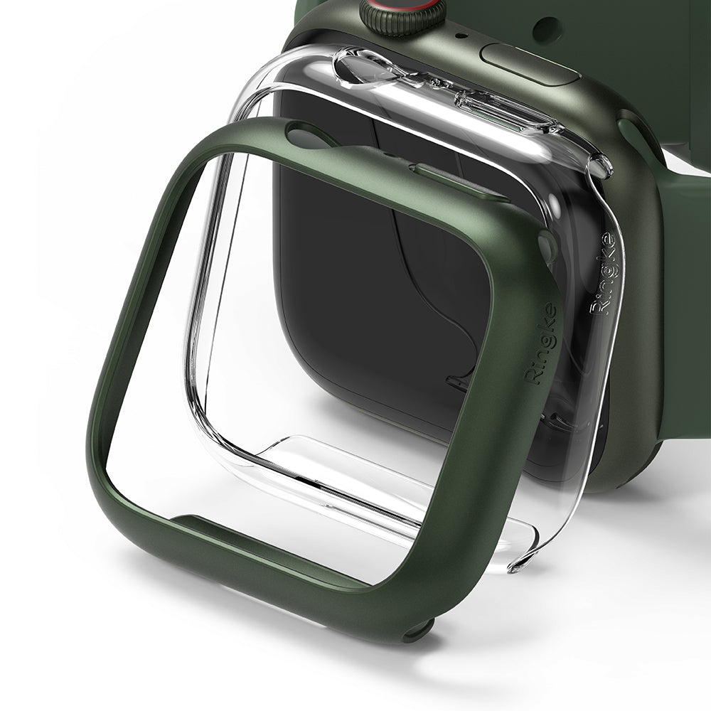 Apple Watch 9 / 8 / 7 (45mm) Case | Slim - A clear, slim protective case hovering over a dark green Apple Watch.