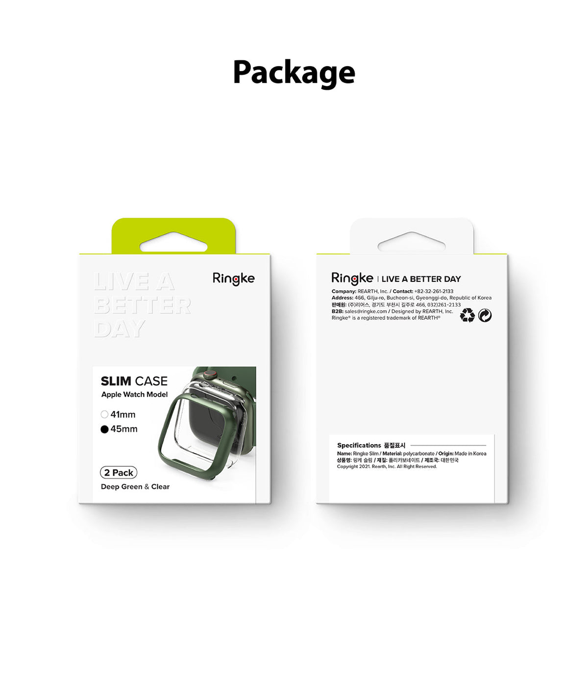 Apple Watch 9 / 8 / 7 (45mm) Case | Slim - Front and back view of Ringke Slim case packaging for Apple Watch.
