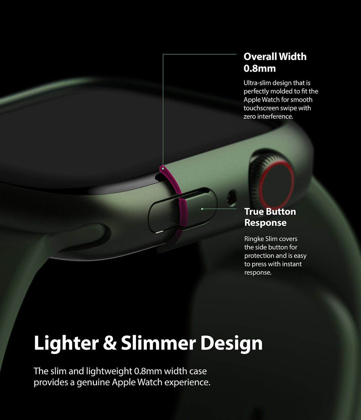 Apple Watch 9 / 8 / 7 (45mm) Case | Slim - Close-up of a green slim watch case highlighting 0.8mm thickness and responsive button design.