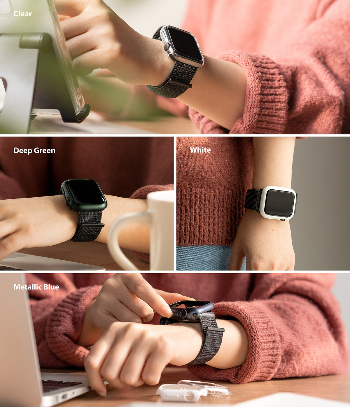 Apple Watch 9 / 8 / 7 (45mm) Case | Slim - Four panels showing slim protective cases in clear, green, white, and blue on wrists.