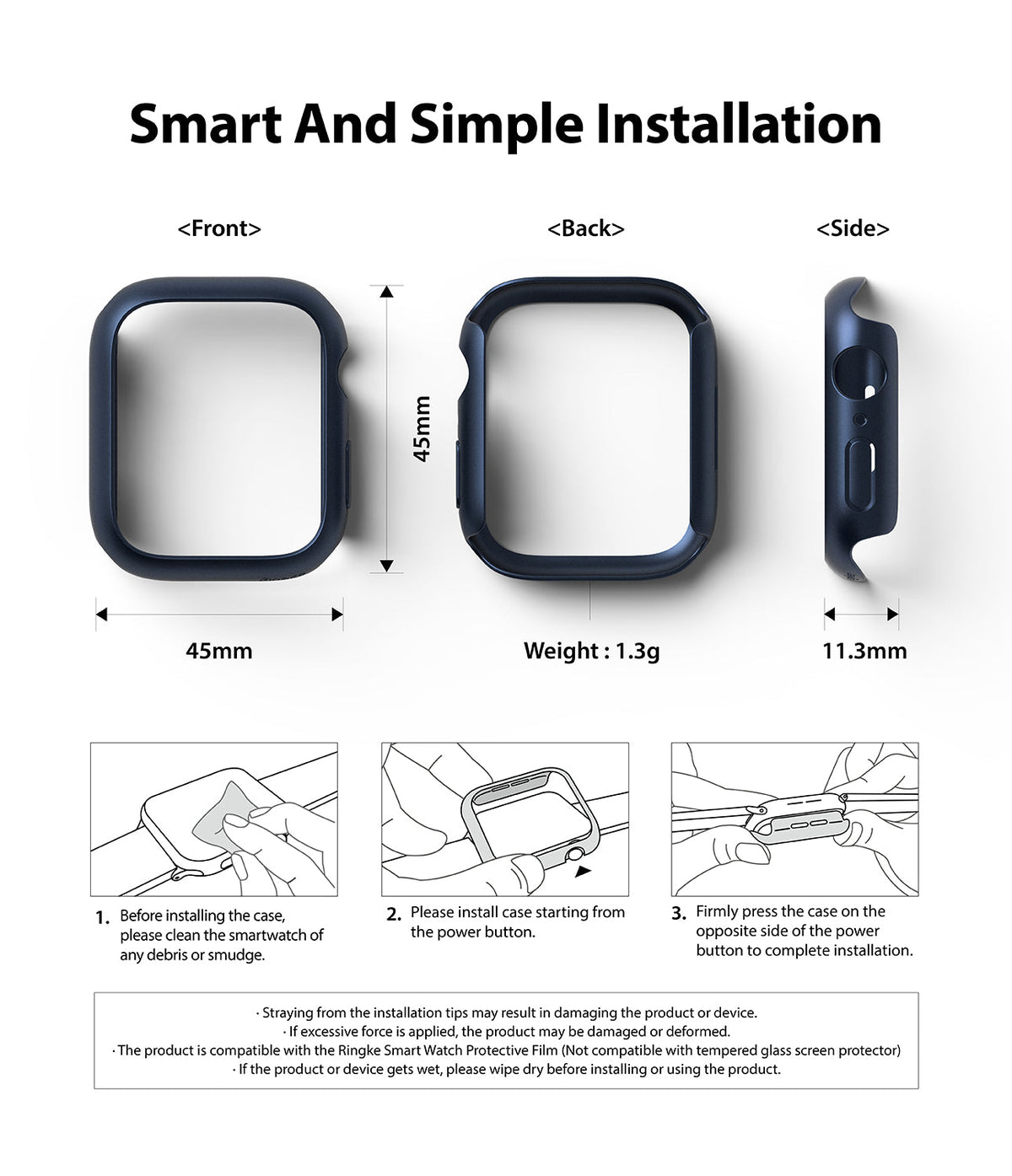 Apple Watch 9 / 8 / 7 (45mm) Case | Slim - Front, back, and side views of a slim navy watch case with installation steps.