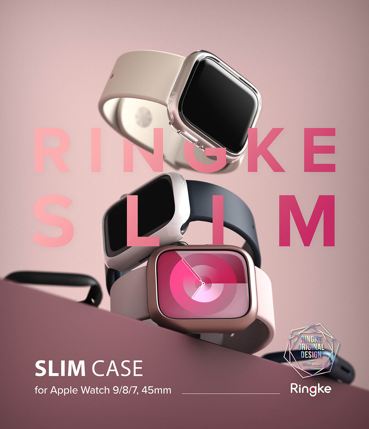 Apple Watch 9 / 8 / 7 (45mm) Case | Slim - Three Apple Watches with slim protective cases stacked on a pink surface.