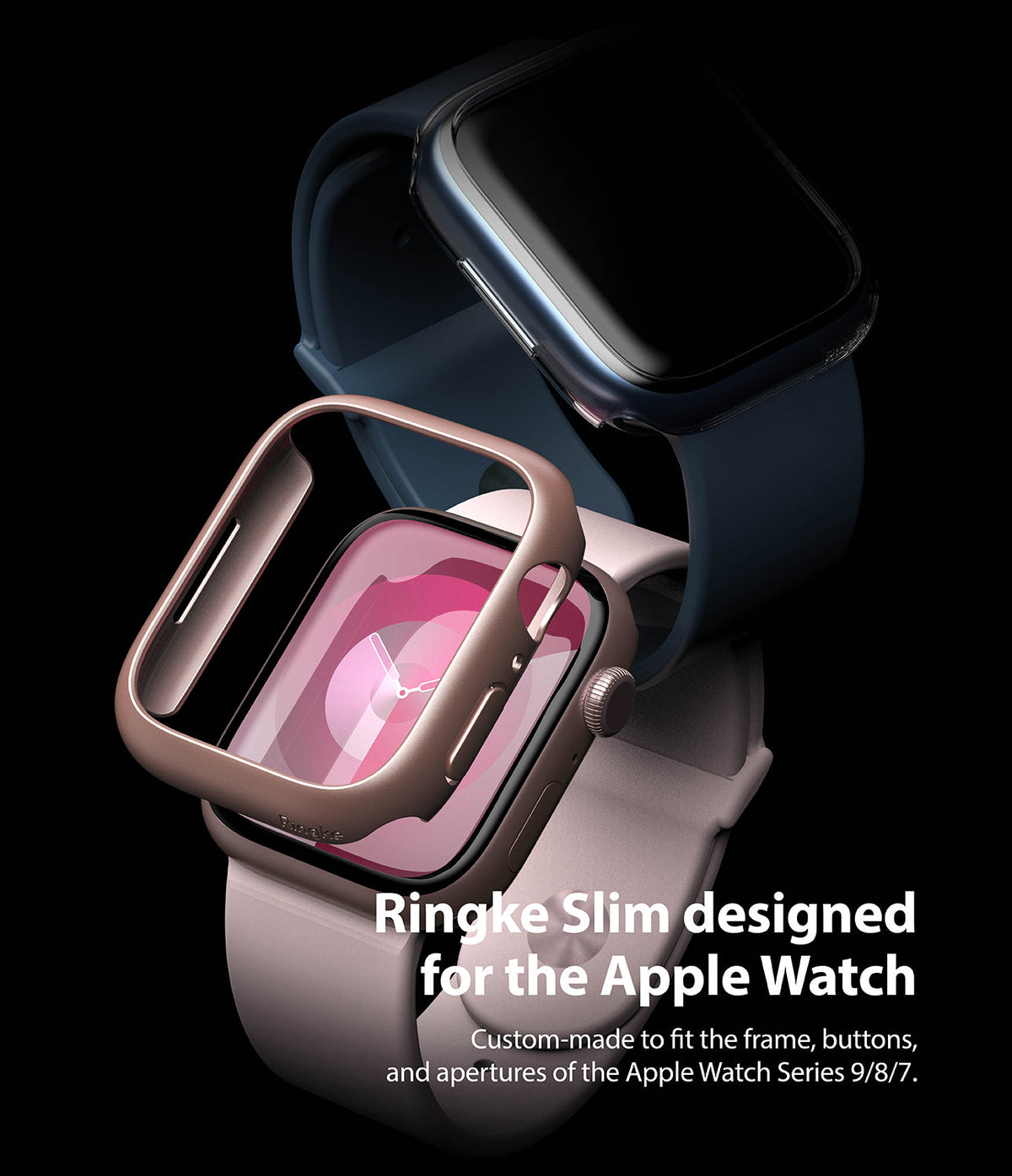 Apple Watch 9 / 8 / 7 (45mm) Case | Slim - Two Apple Watches with slim protective cases in rose gold and dark blue.