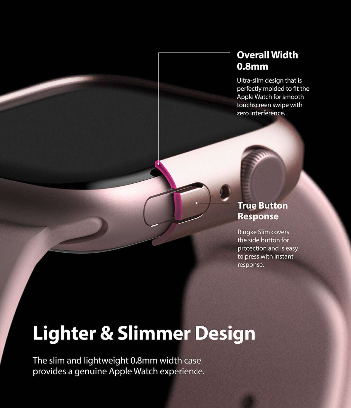 Apple Watch 9 / 8 / 7 (45mm) Case | Slim - Close-up of a pink Apple Watch case highlighting its 0.8mm width and button.
