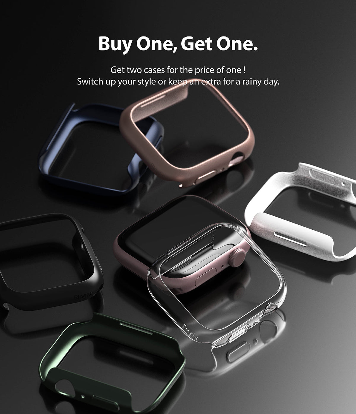 Apple Watch 9 / 8 / 7 (45mm) Case | Slim - Multiple colored protective watch cases arranged on a dark reflective surface.