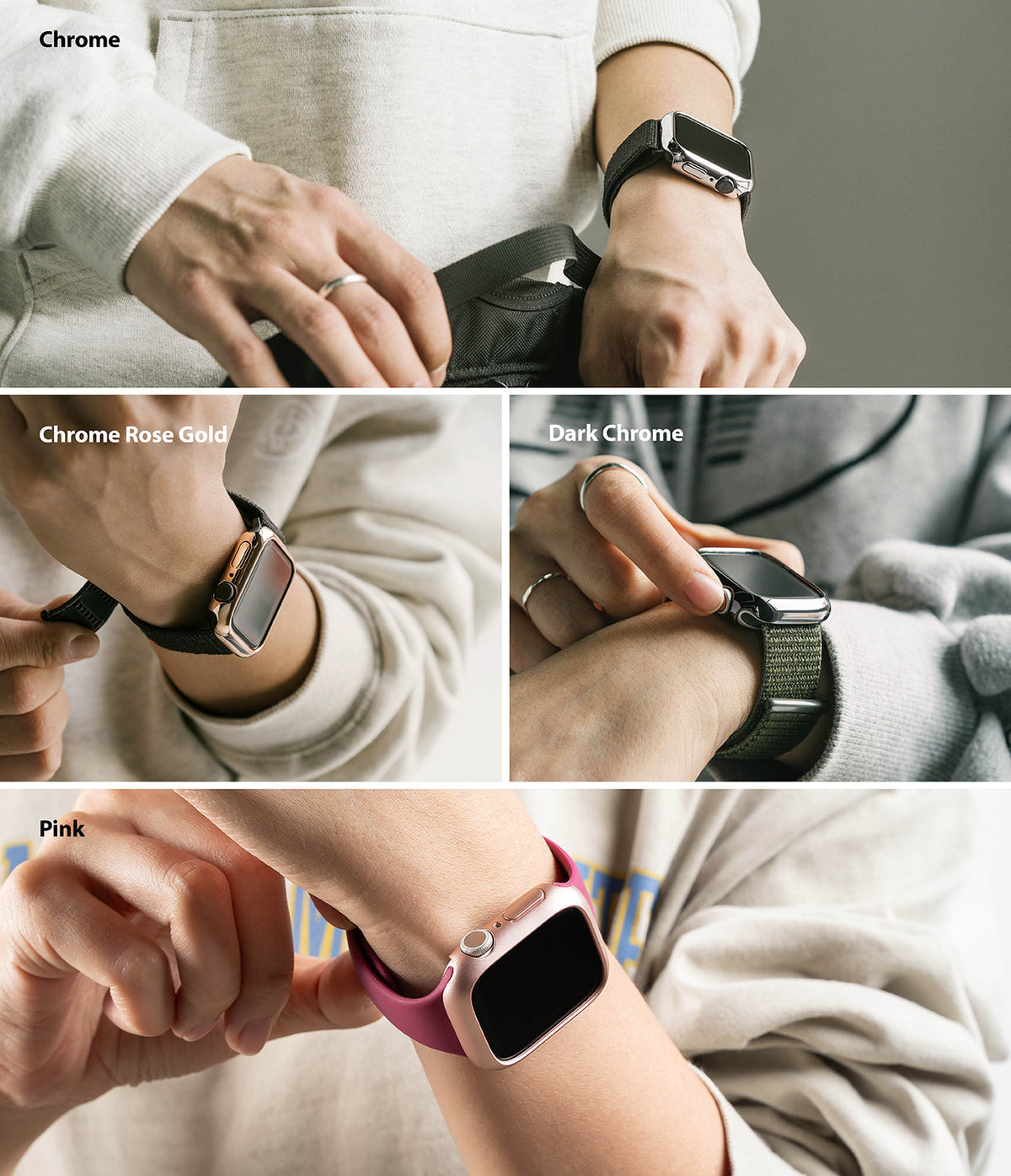 Apple Watch 9 / 8 / 7 (45mm) Case | Slim - Four close-up views of slim Apple Watch cases in Chrome, Rose Gold, Dark Chrome, and Pink.
