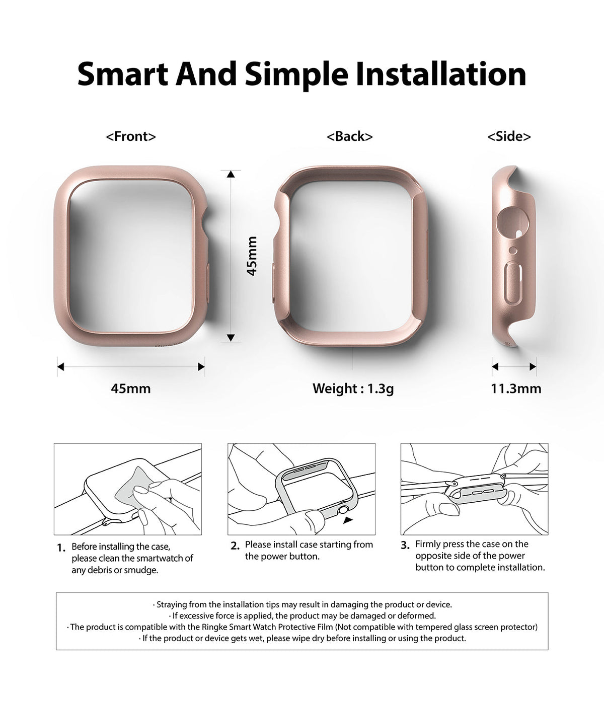 Apple Watch 9 / 8 / 7 (45mm) Case | Slim - Rose gold watch case dimensions and three-step installation guide diagrams.