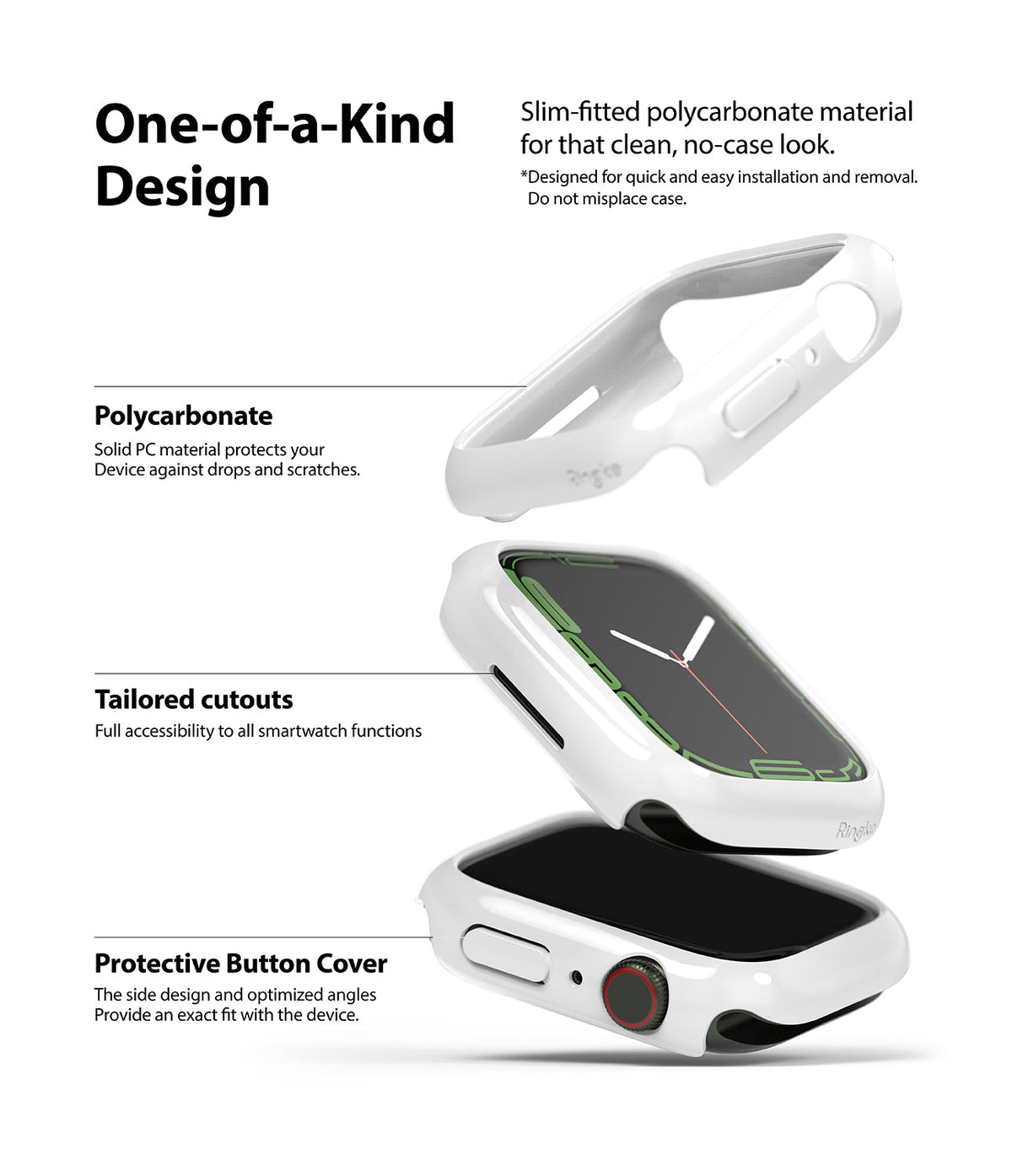 Apple Watch 9 / 8 / 7 (45mm) Case | Slim - Exploded view of a white slim protective case for Apple Watch.