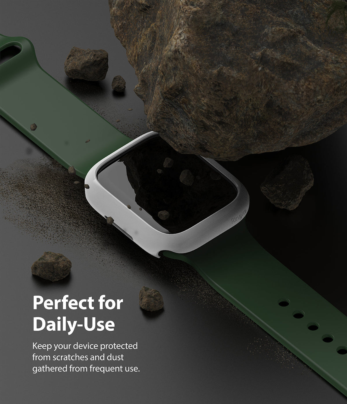 Apple Watch 9 / 8 / 7 (45mm) Case | Slim - White protective watch case on a green band under a large rock with debris.