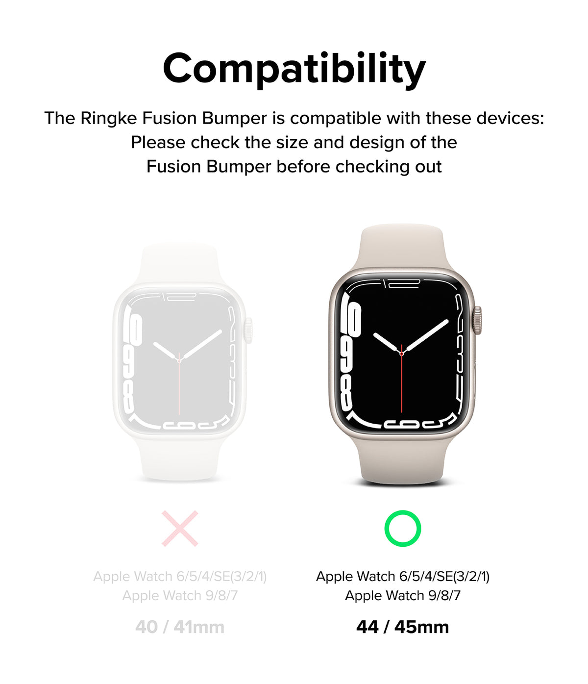 Apple Watch Series (45mm / 44mm) Case | Fusion Bumper - Compatibility chart comparing 40/41mm and 44/45mm Apple Watch sizes.