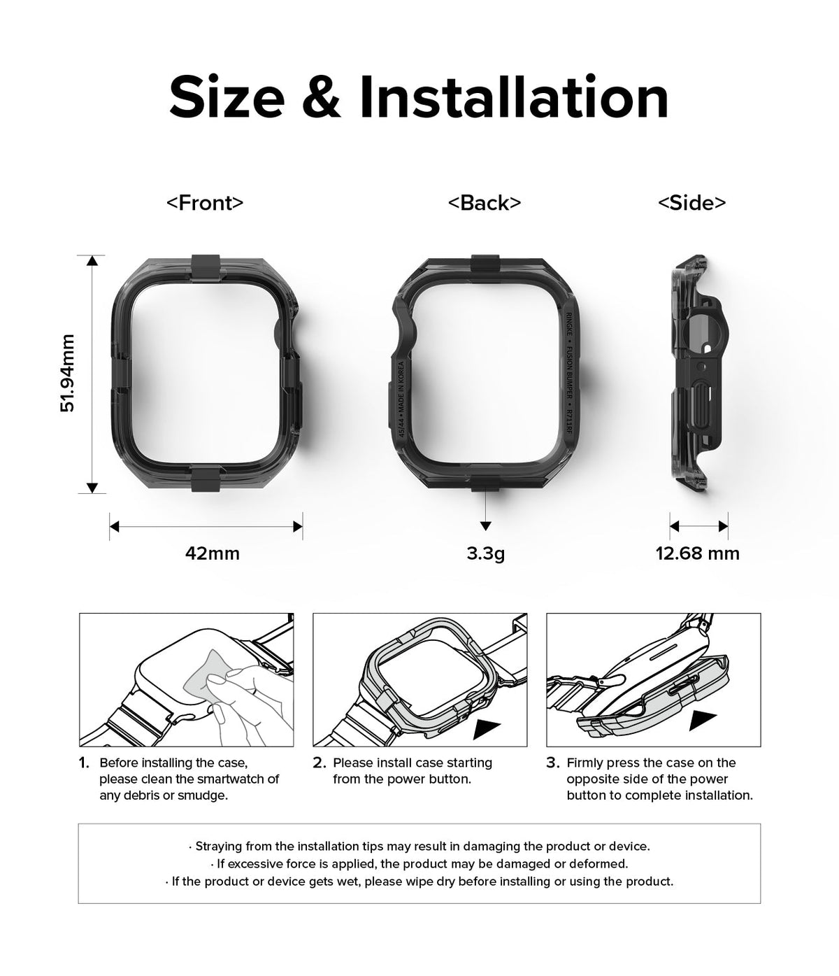 Apple Watch Series (45mm / 44mm) Case | Fusion Bumper - Technical diagram showing dimensions and installation steps.