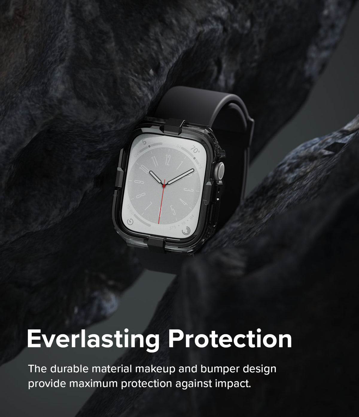 Apple Watch Series (45mm / 44mm) Case | Fusion Bumper - Smartwatch with protective bumper case suspended between rocks.