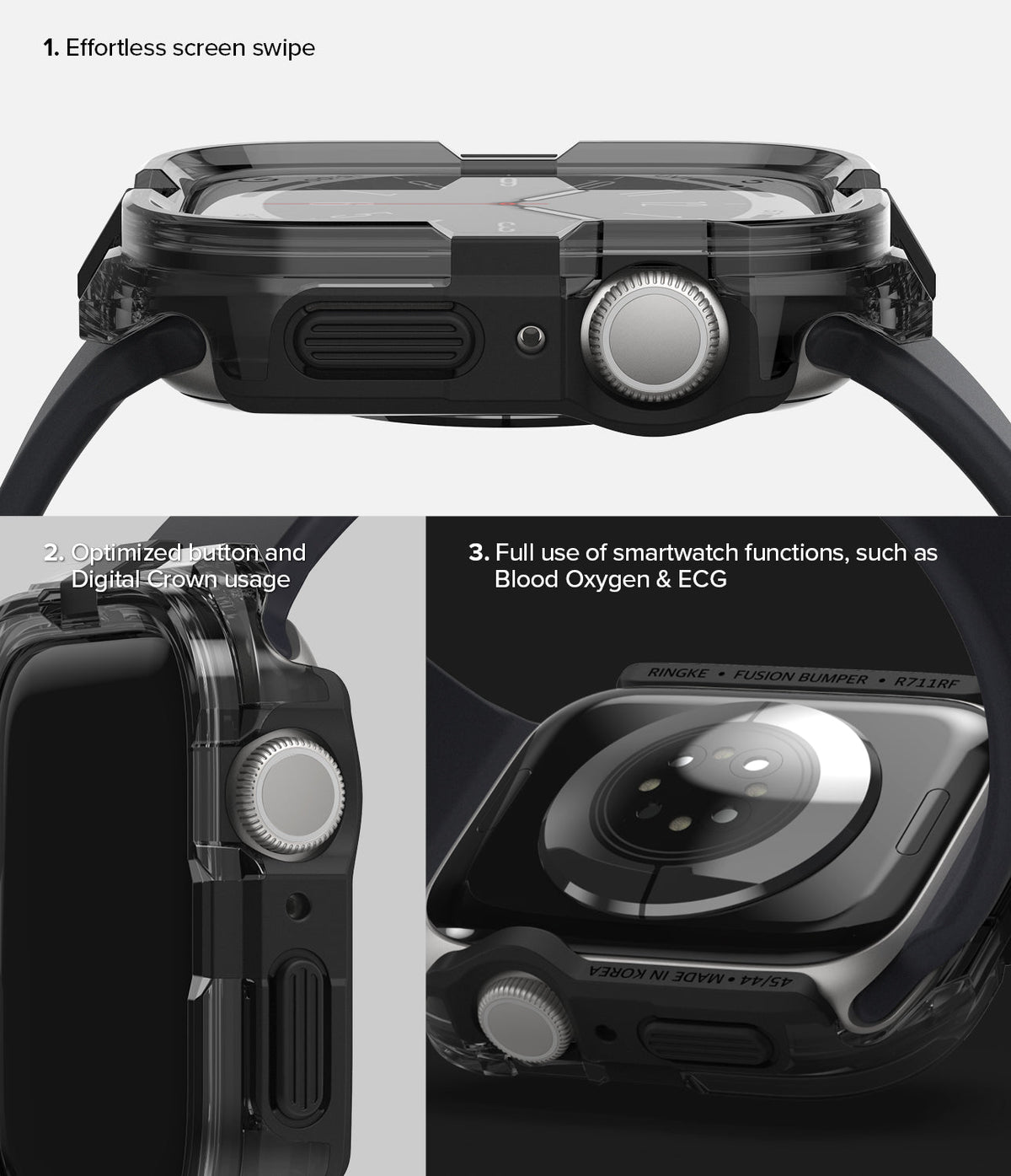Apple Watch Series (45mm / 44mm) Case | Fusion Bumper - Three views showing the bumper's screen access and sensor fit.