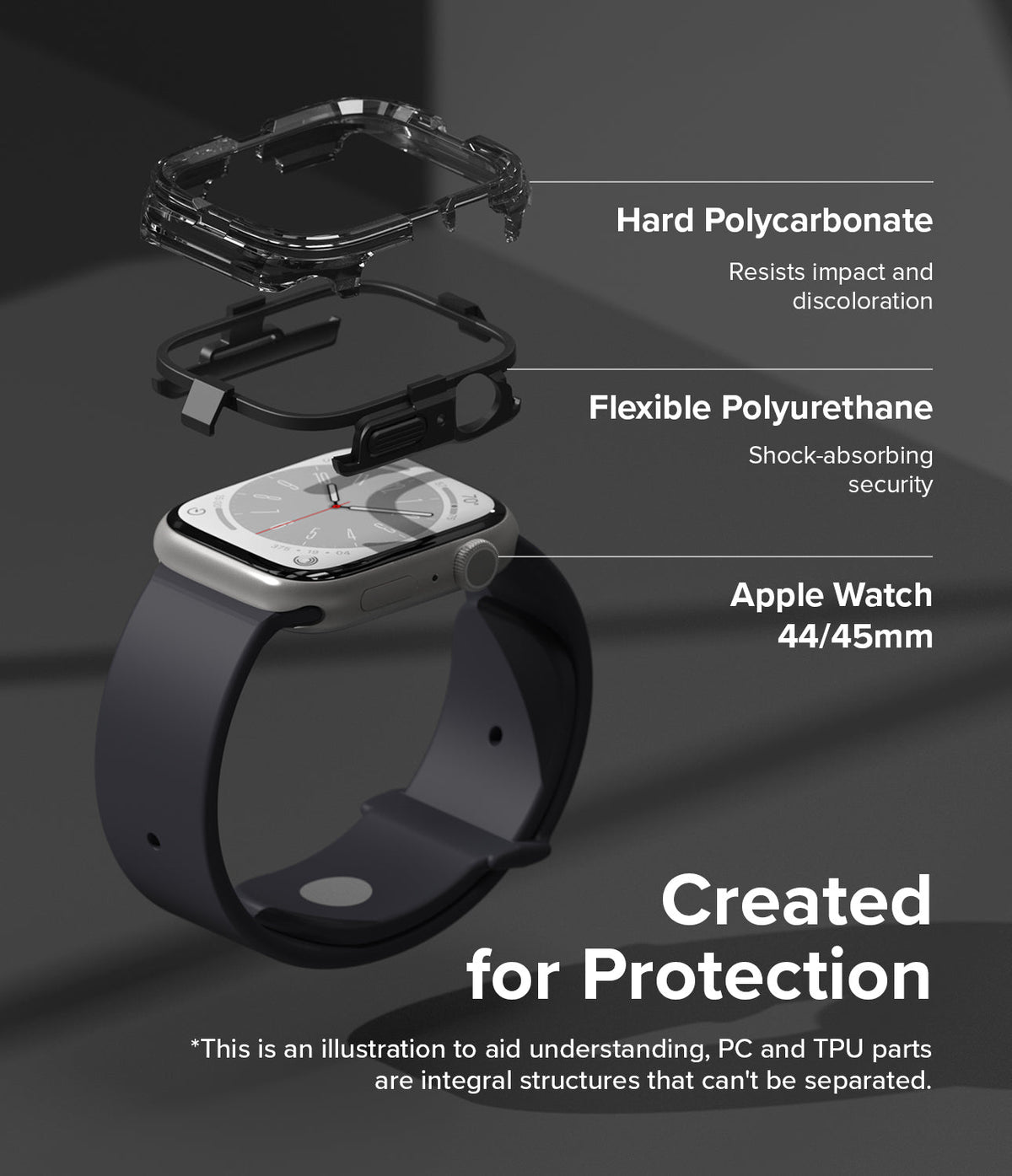 Apple Watch Series (45mm / 44mm) Case | Fusion Bumper - Exploded view of a protective watch case with PC and TPU layers.