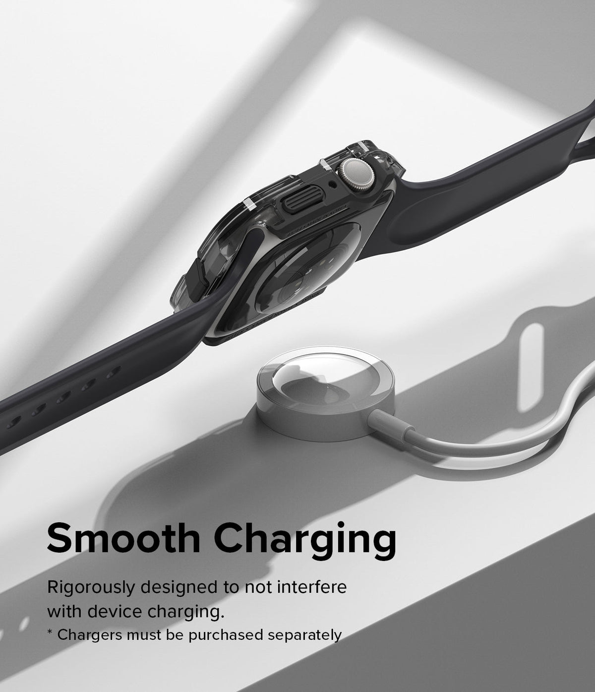 Apple Watch Series (45mm / 44mm) Case | Fusion Bumper - Apple Watch with a clear bumper case hovering above a magnetic charger.