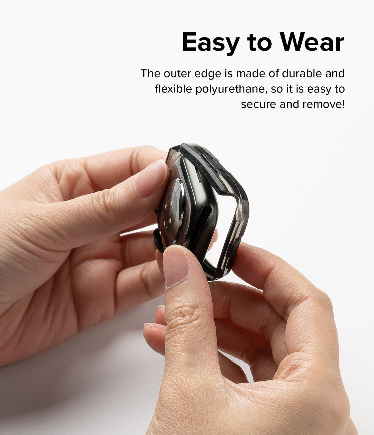 Apple Watch Series (45mm / 44mm) Case | Fusion Bumper - Hands attaching a flexible black bumper case to an Apple Watch.