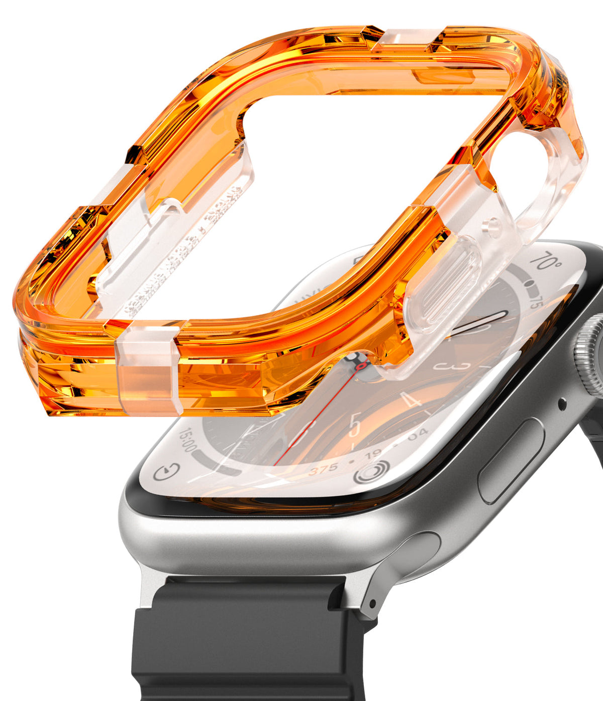 Apple Watch Series (45mm / 44mm) Case | Fusion Bumper - Translucent orange protective bumper hovering over a silver Apple Watch.