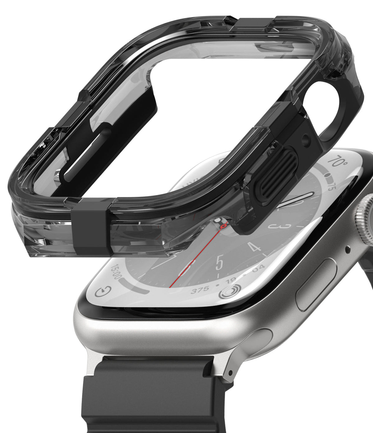Apple Watch Series (45mm / 44mm) Case | Fusion Bumper - Transparent black protective bumper hovering over an Apple Watch.