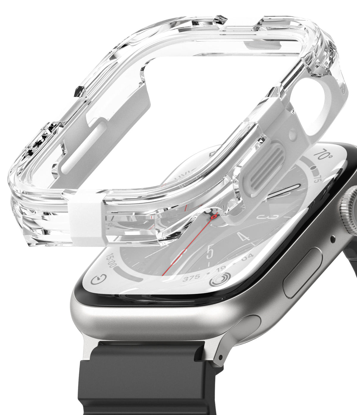 Apple Watch Series (45mm / 44mm) Case | Fusion Bumper - Clear protective bumper hovering above a silver Apple Watch.