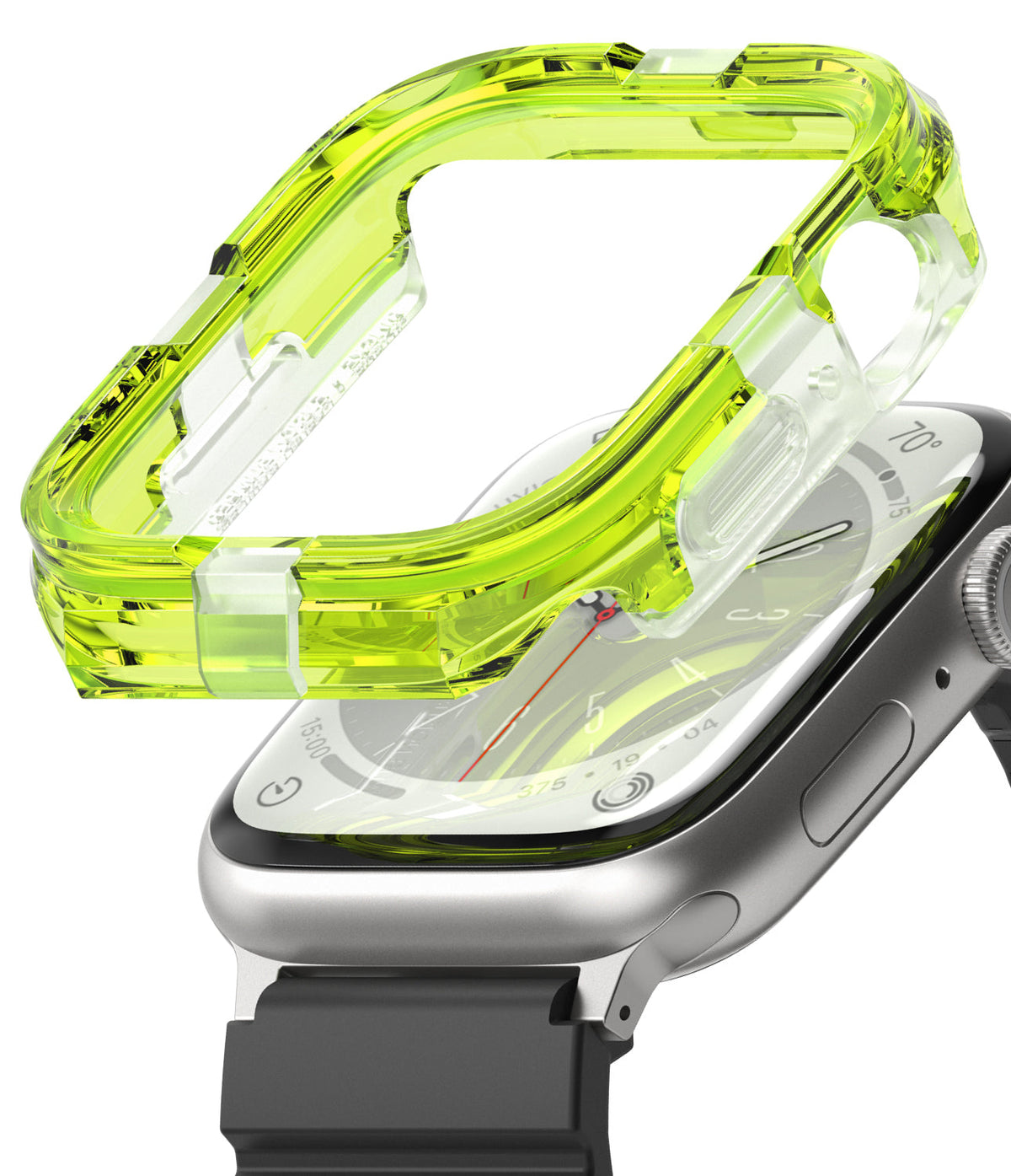 Apple Watch Series (45mm / 44mm) Case | Fusion Bumper - Apple Watch Series Case | Fusion Bumper - Translucent neon yellow protective bumper hovering above a silver Apple Watch.