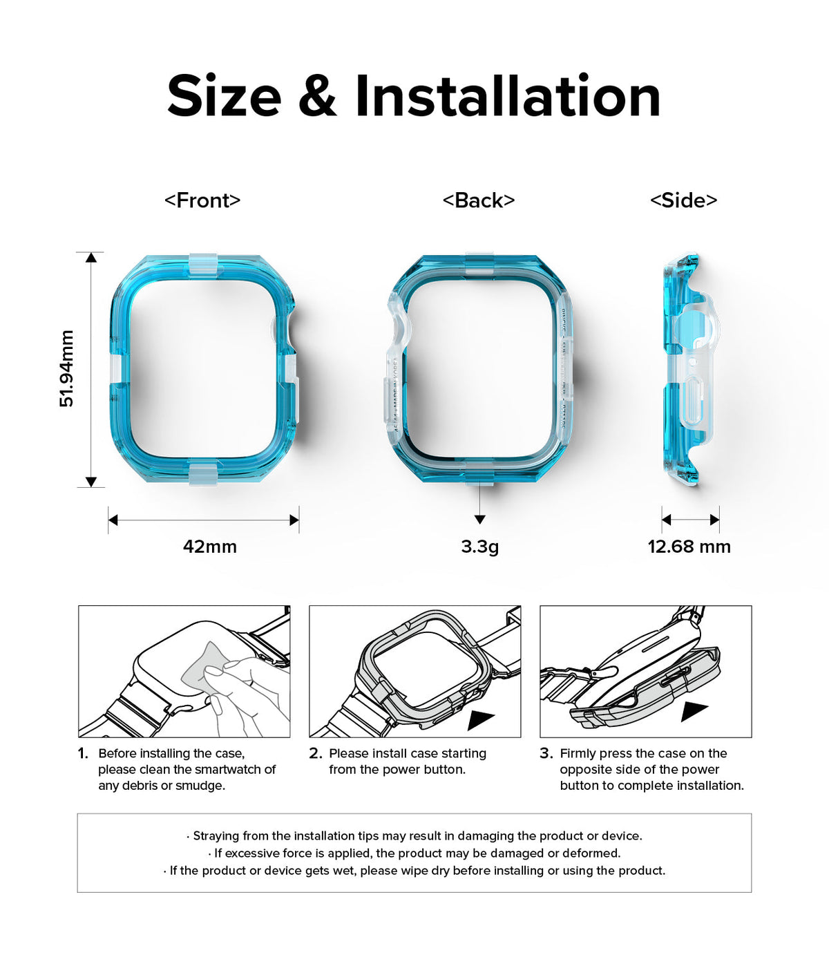 Apple Watch Series (45mm / 44mm) Case | Fusion Bumper - Dimensions, weight, and three-step installation guide for bumper.