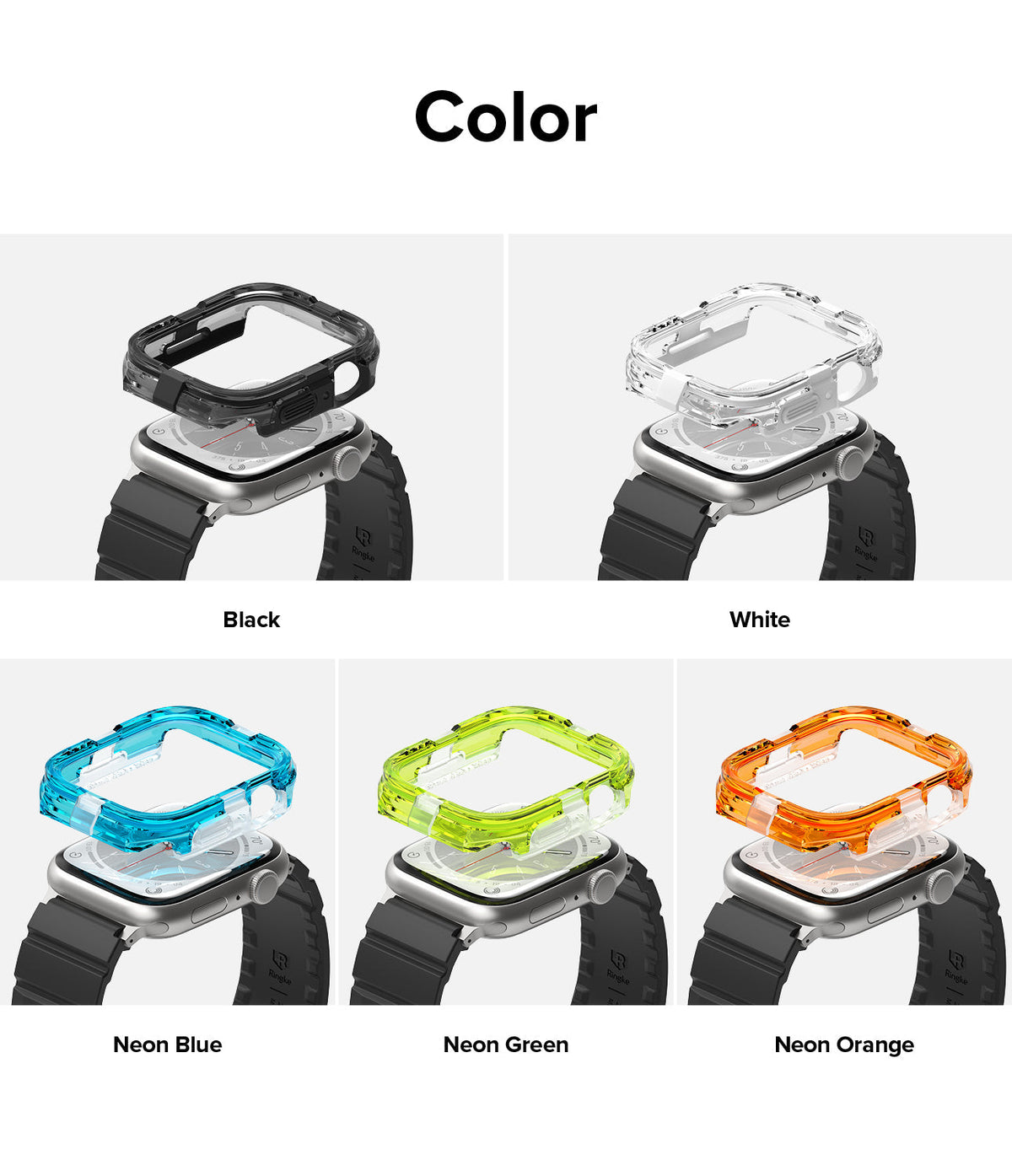 Apple Watch Series (45mm / 44mm) Case | Fusion Bumper - Five color options of protective bumpers hovering over a watch.