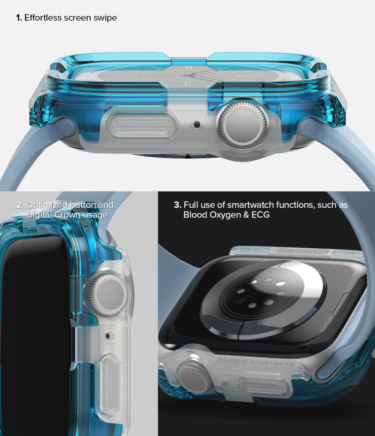 Apple Watch Series (45mm / 44mm) Case | Fusion Bumper - Three views showing a blue transparent bumper case on a watch.