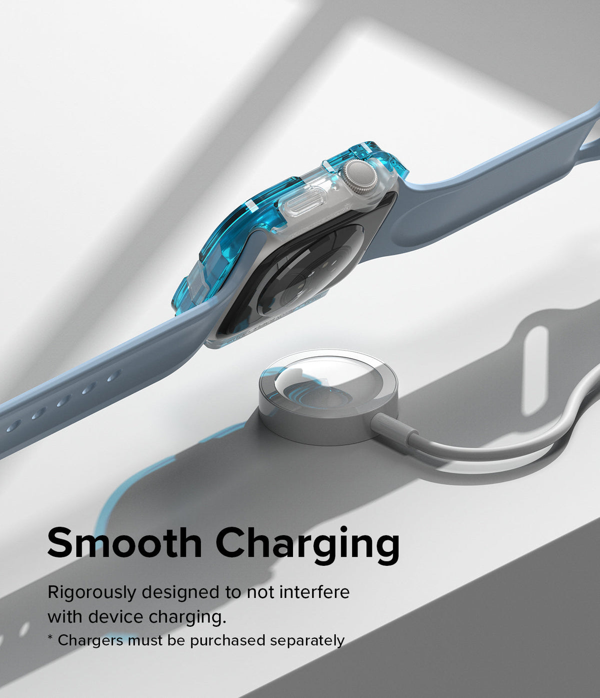 Apple Watch Series (45mm / 44mm) Case | Fusion Bumper - Blue transparent watch case hovering above a magnetic charger.