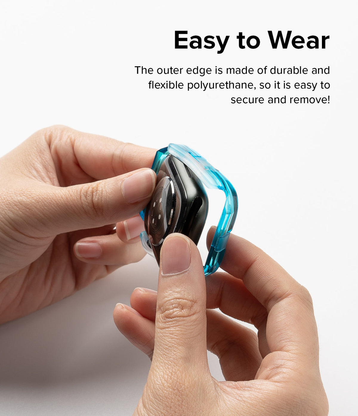 Apple Watch Series (45mm / 44mm) Case | Fusion Bumper - Hands snapping a flexible blue bumper case onto an Apple Watch.