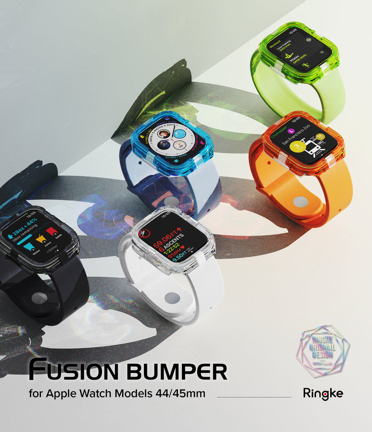 Apple Watch Series (45mm / 44mm) Case | Fusion Bumper - Five colorful Apple Watches with protective bumper cases.