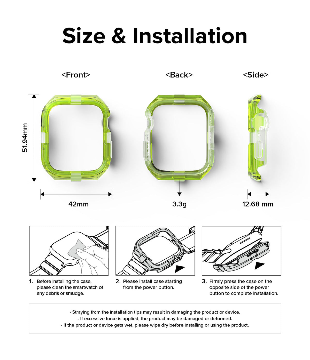 Apple Watch Series (45mm / 44mm) Case | Fusion Bumper - Technical diagram showing dimensions and installation steps.