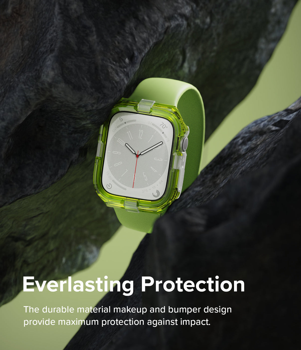 Apple Watch Series (45mm / 44mm) Case | Fusion Bumper - Lime green Apple Watch with clear bumper case between dark rocks.