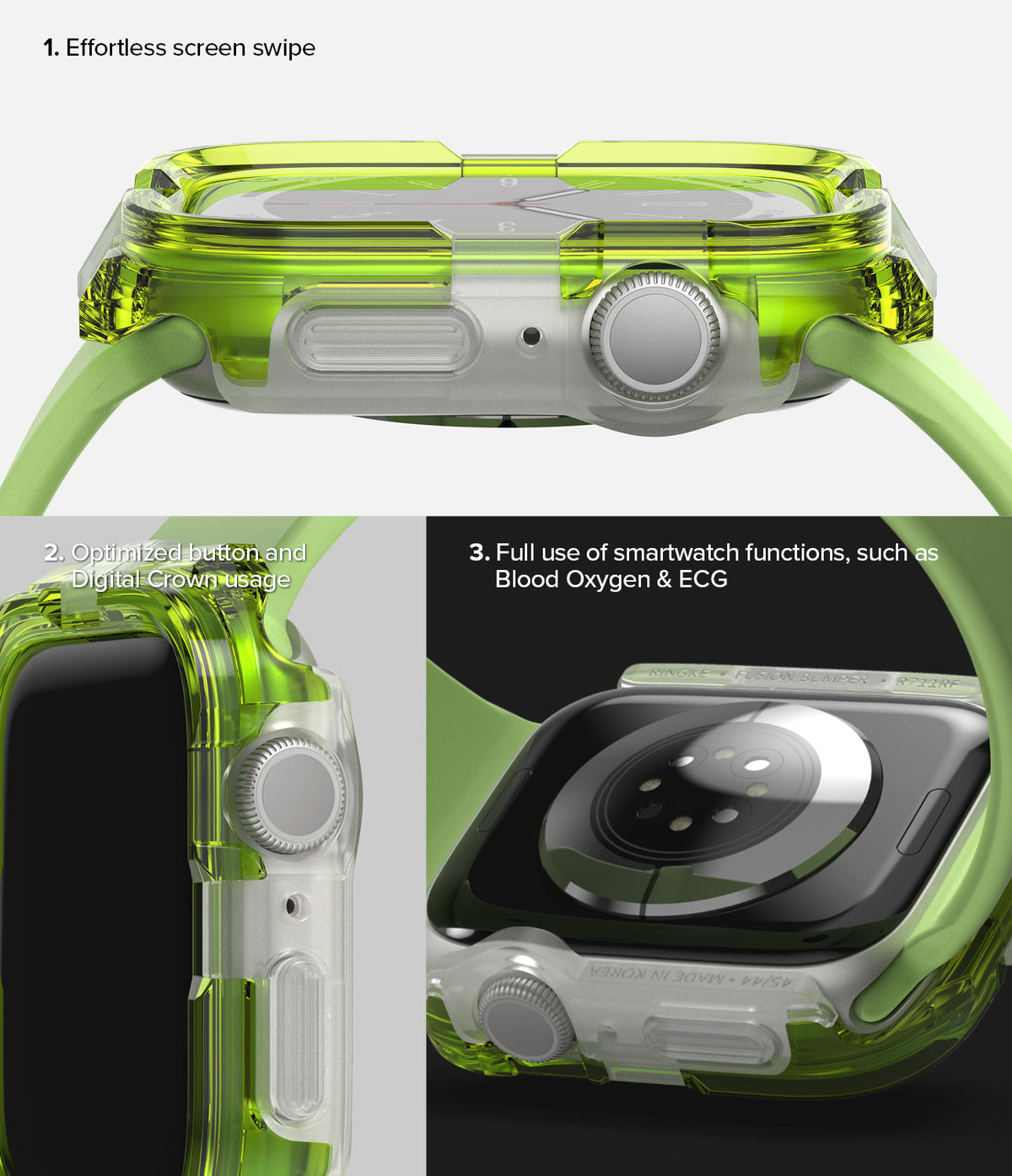 Apple Watch Series (45mm / 44mm) Case | Fusion Bumper - Three views of a neon green translucent Apple Watch bumper case.