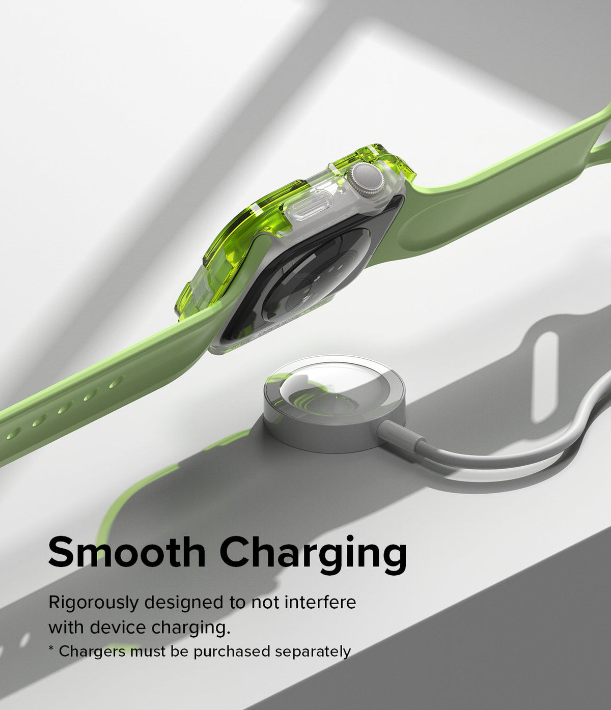 Apple Watch Series (45mm / 44mm) Case | Fusion Bumper - Lime green Apple Watch bumper case hovering over a charger.