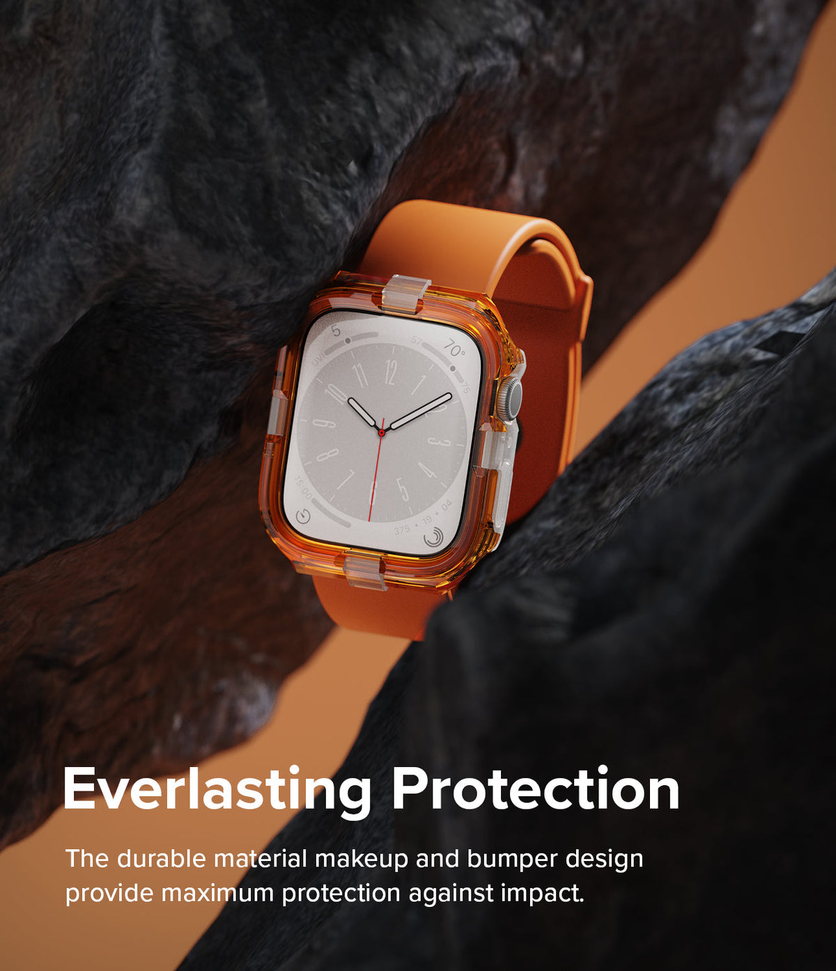Apple Watch Series (45mm / 44mm) Case | Fusion Bumper - Orange Apple Watch with transparent bumper between dark rocks.