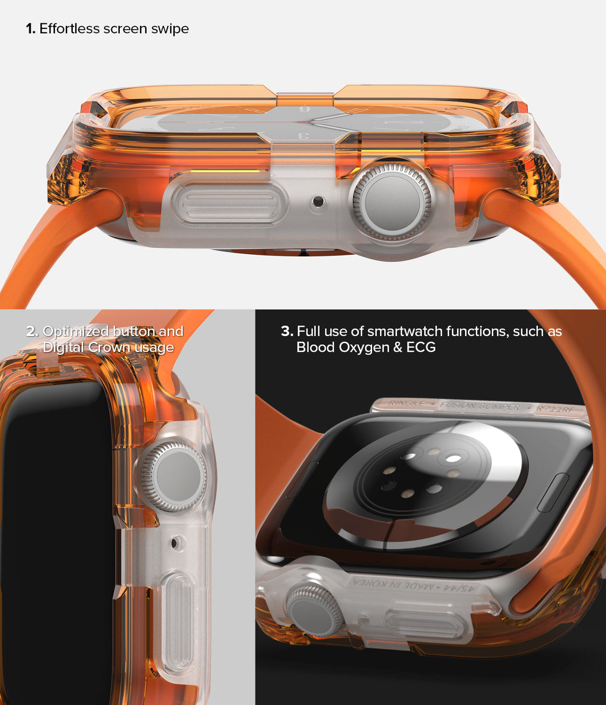 Apple Watch Series (45mm / 44mm) Case | Fusion Bumper - Transparent orange bumper case showing button access and sensors.
