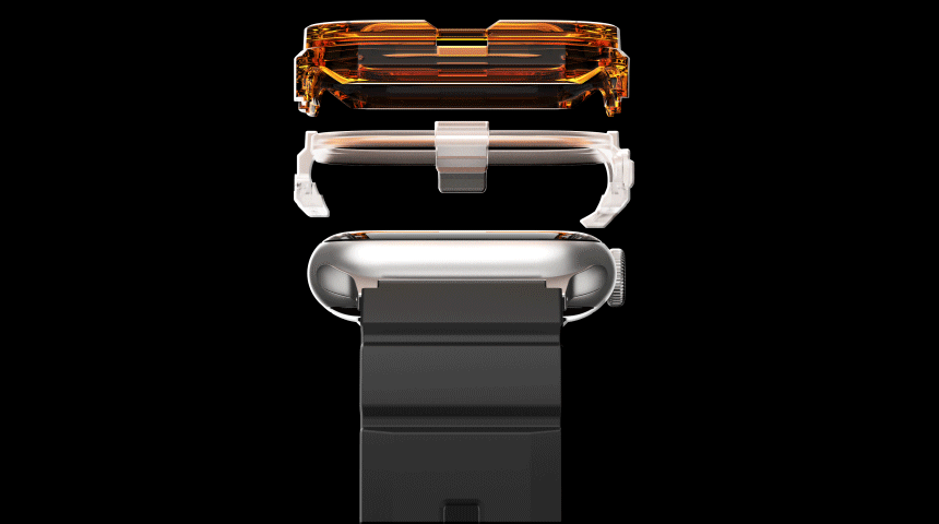Apple Watch Series (45mm / 44mm) Case | Fusion Bumper - Exploded view of a watch case, bumper, and frame assembling.