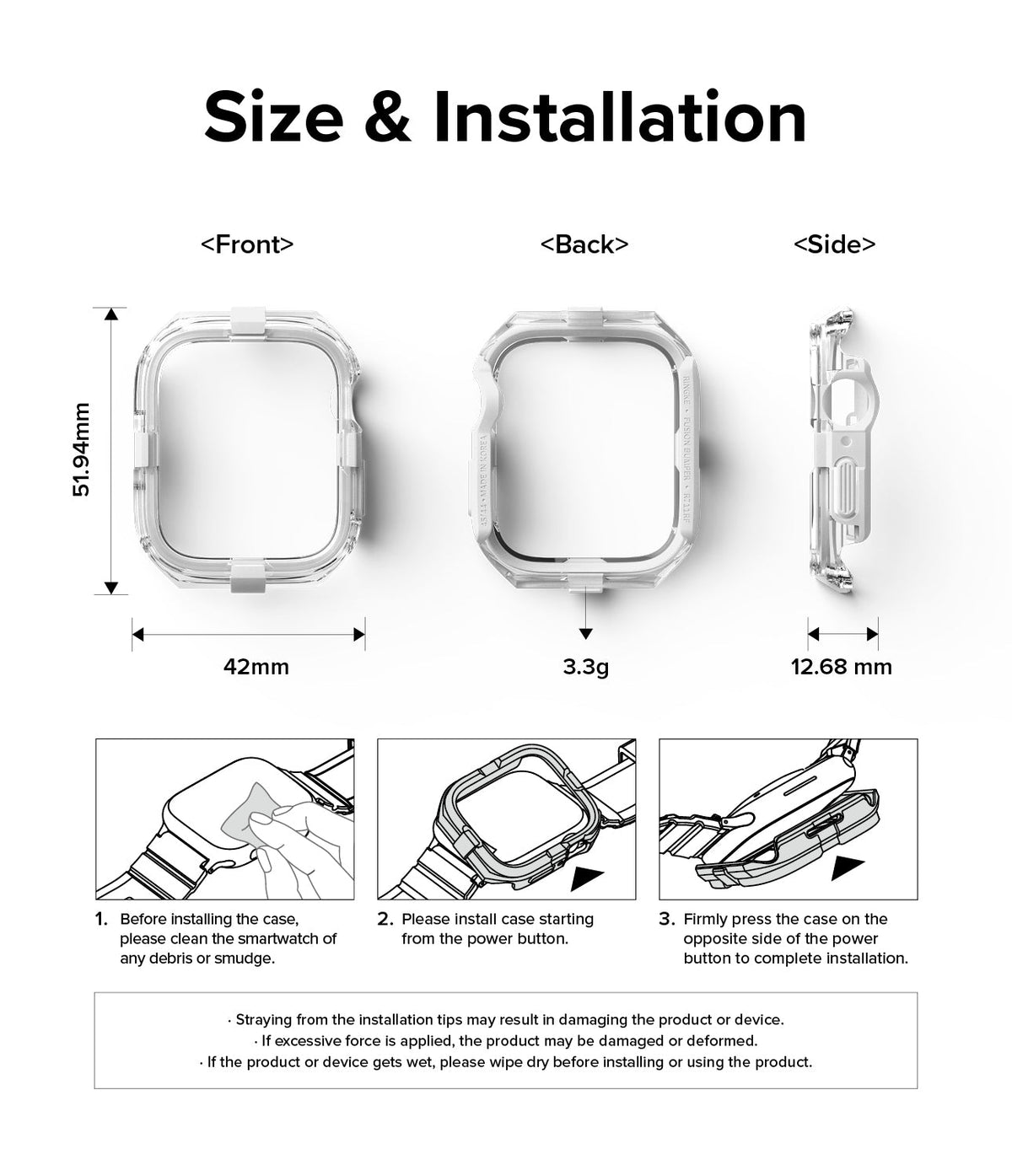 Apple Watch Series (45mm / 44mm) Case | Fusion Bumper - Technical diagram showing dimensions, weight, and installation steps.