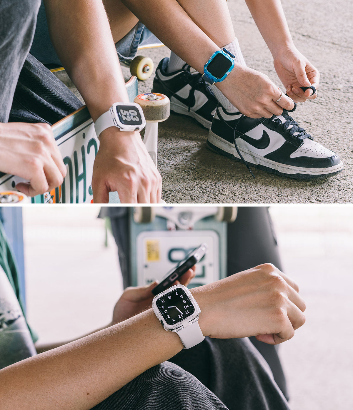 Apple Watch Series (45mm / 44mm) Case | Fusion Bumper - Two people wearing Apple Watches with clear protective bumpers.
