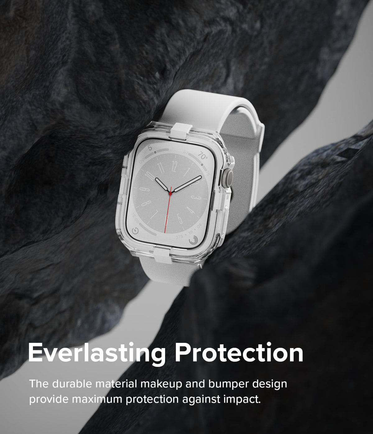Apple Watch Series (45mm / 44mm) Case | Fusion Bumper - Apple Watch Series Fusion Bumper - White Apple Watch with clear protective bumper case nestled between dark rocks.